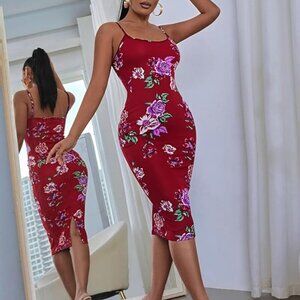 Red Floral Bodycon Midi Dress – Multiple Sizes – NEW!